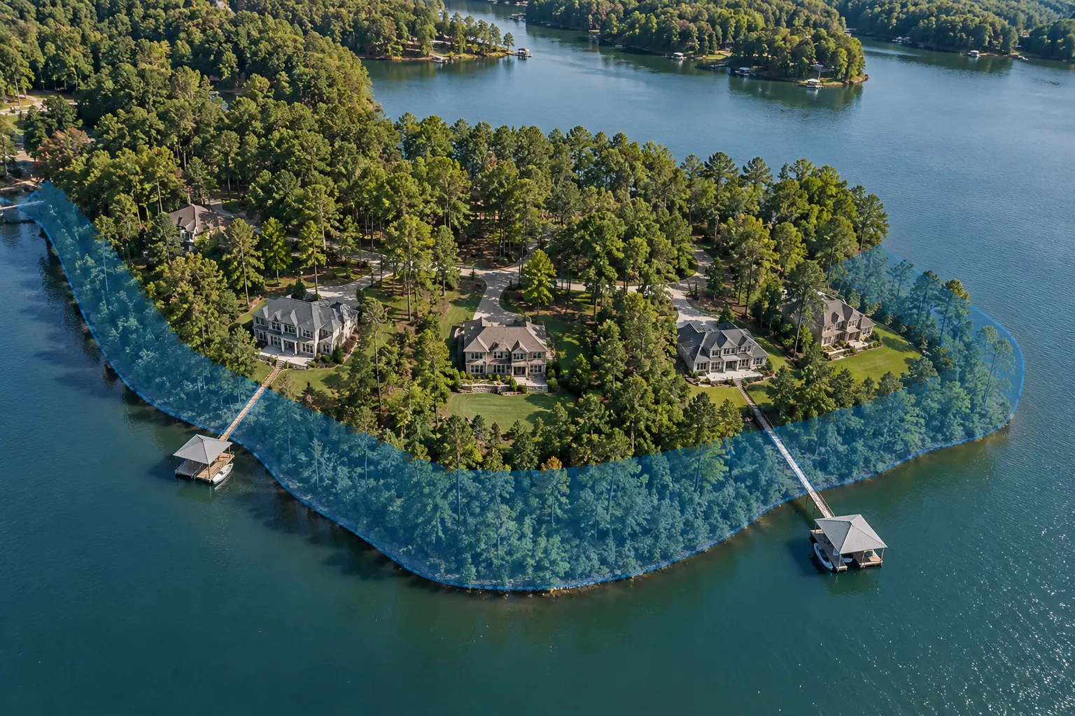 Aerial view of a wooded peninsula on Allatoona Lake. The federally managed shoreline strip is tinted, showing it wrapping the shore unbroken between the houses and the water. Two of the five homes have docks reaching past it; three do not.
