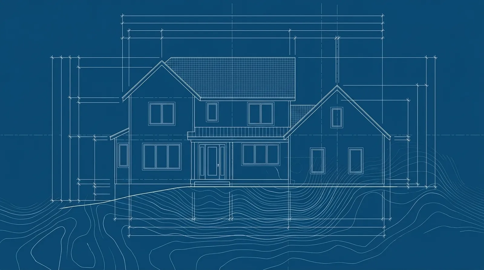 Drafting-line illustration of a home elevation with dimension lines