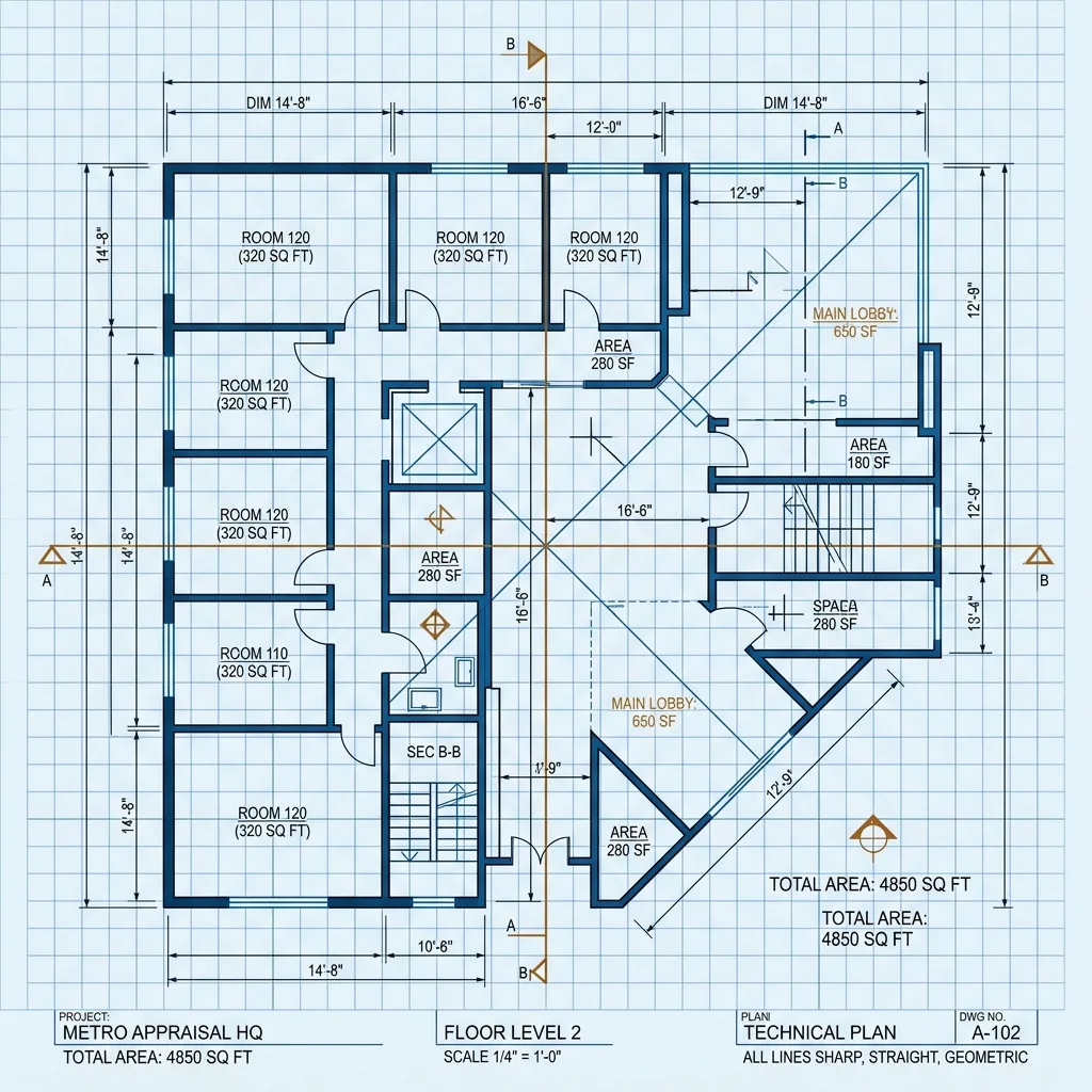 Professional appraisal floor plan: detailed floor level blueprint with precise measurements, room dimensions, and technical specifications