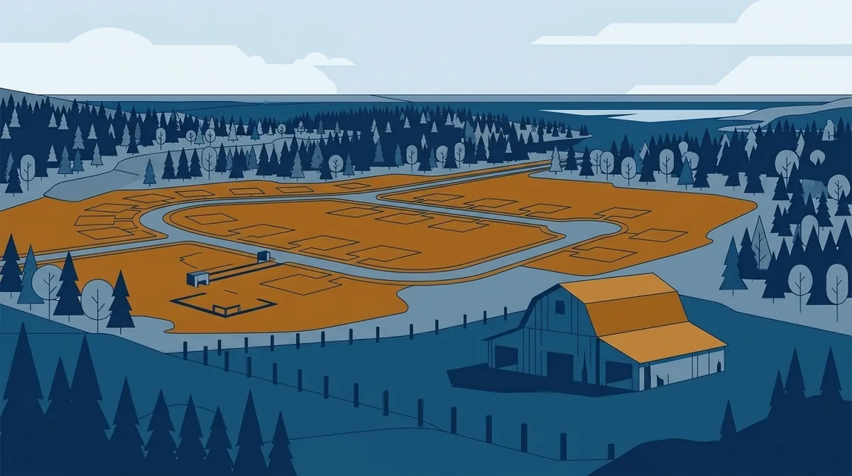 Illustration of open pasture with a barn and a fence line in the foreground, and behind it a newly graded subdivision with curved streets and empty house pads cut into the cleared earth.