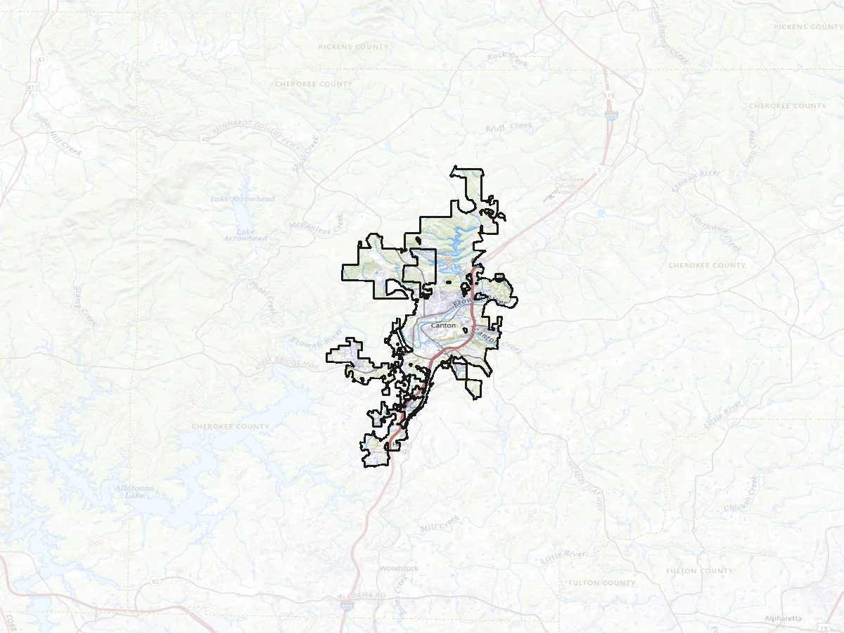 Topographic map of Canton and the surrounding Cherokee County, with the city limits outlined, the Etowah River running through and Interstate 575 on the eastern side.
