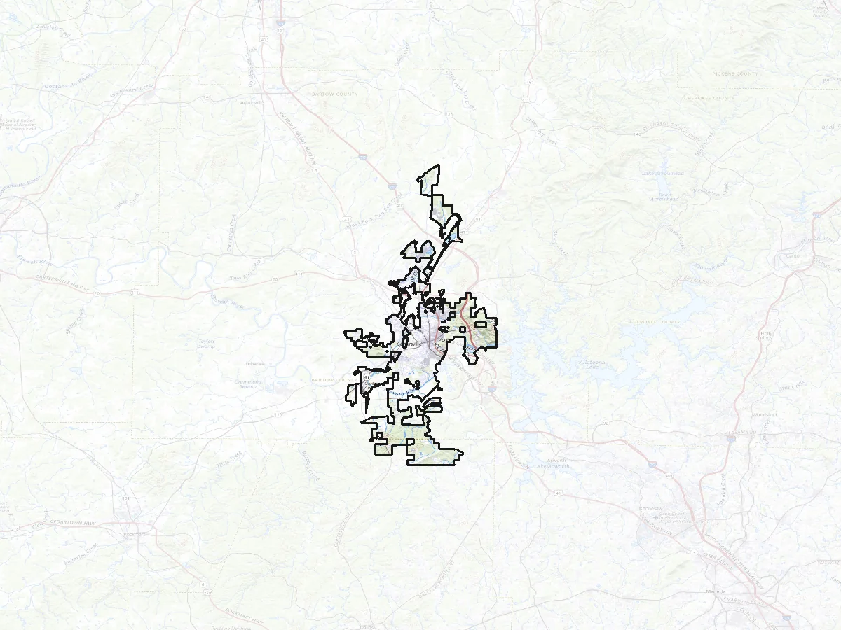 Topographic map of Cartersville and the surrounding Bartow County, with the city limits outlined, Interstate 75 running north to south through the city, the Etowah River below it and Lake Allatoona to the south east.