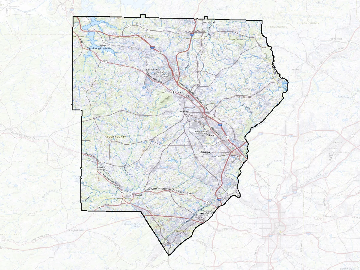 Topographic map of Cobb County. Marietta sits at the centre with Kennesaw and Acworth to the north west, Smyrna to the south east, and Powder Springs and Austell to the south west. Kennesaw Mountain stands west of Marietta, Lake Acworth in the north, and the Chattahoochee River forms the eastern and southern boundary. The surrounding counties are faded back.
