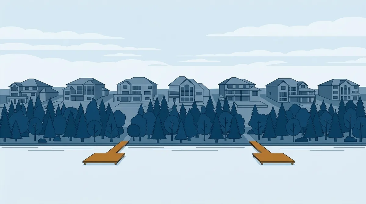 Illustration of a lake shoreline with an unbroken band of public woodland between the water and a row of houses set back above it. Two of the houses have docks reaching across the strip; the rest have none.
