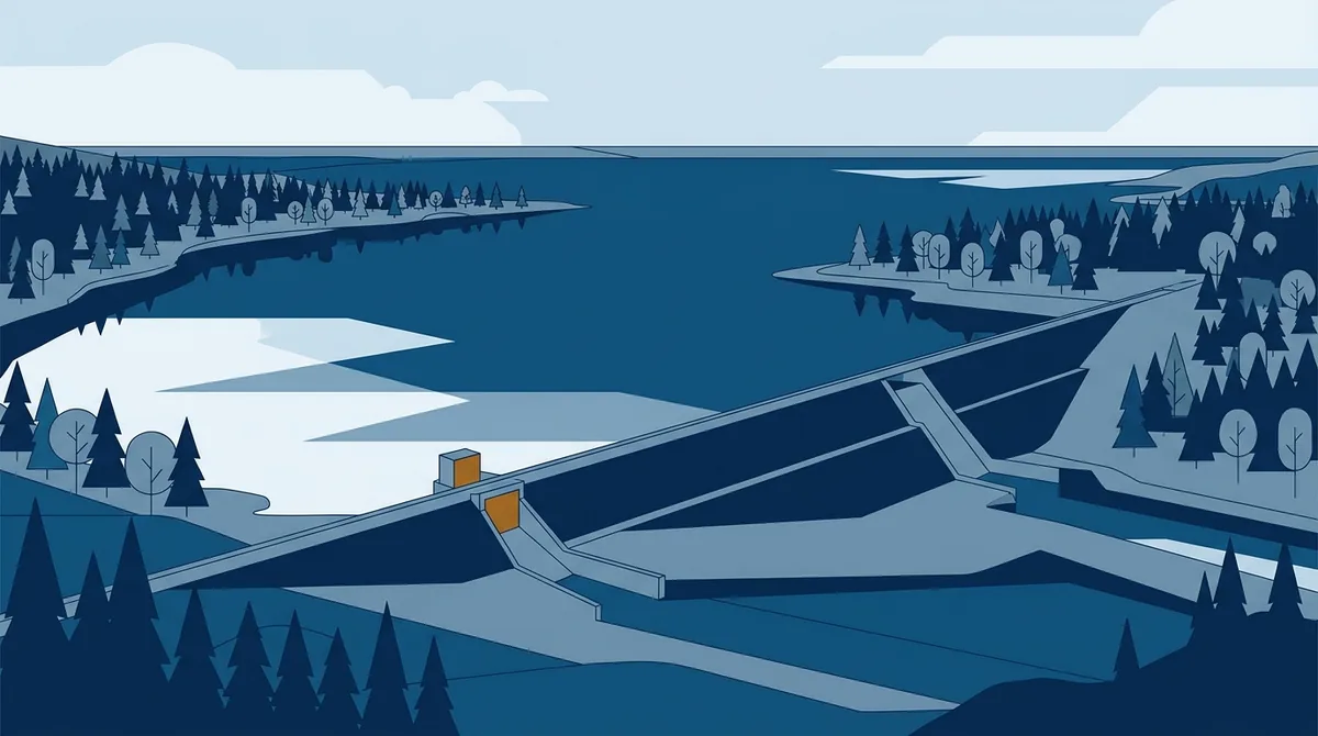 Illustration of a reservoir held behind a long earthen dam, with a spillway at one end and a wooded shoreline running around the water.