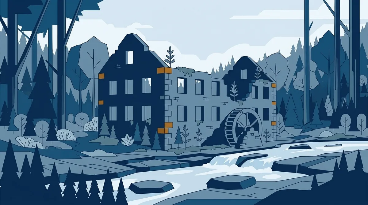 Illustration of the roofless stone walls of an old water-powered textile mill standing in hardwood forest beside a rocky shoal creek.