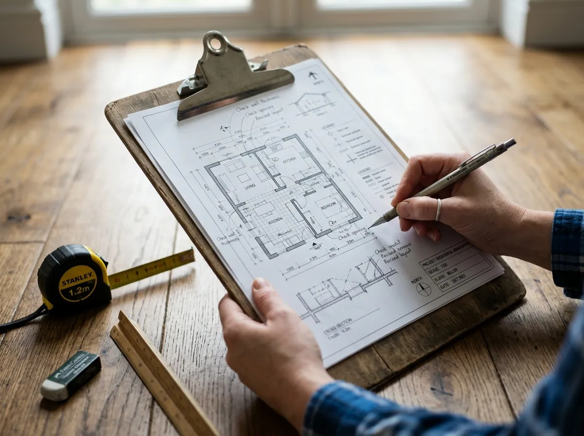 Professional appraiser documenting floor plan measurements with architectural drawings