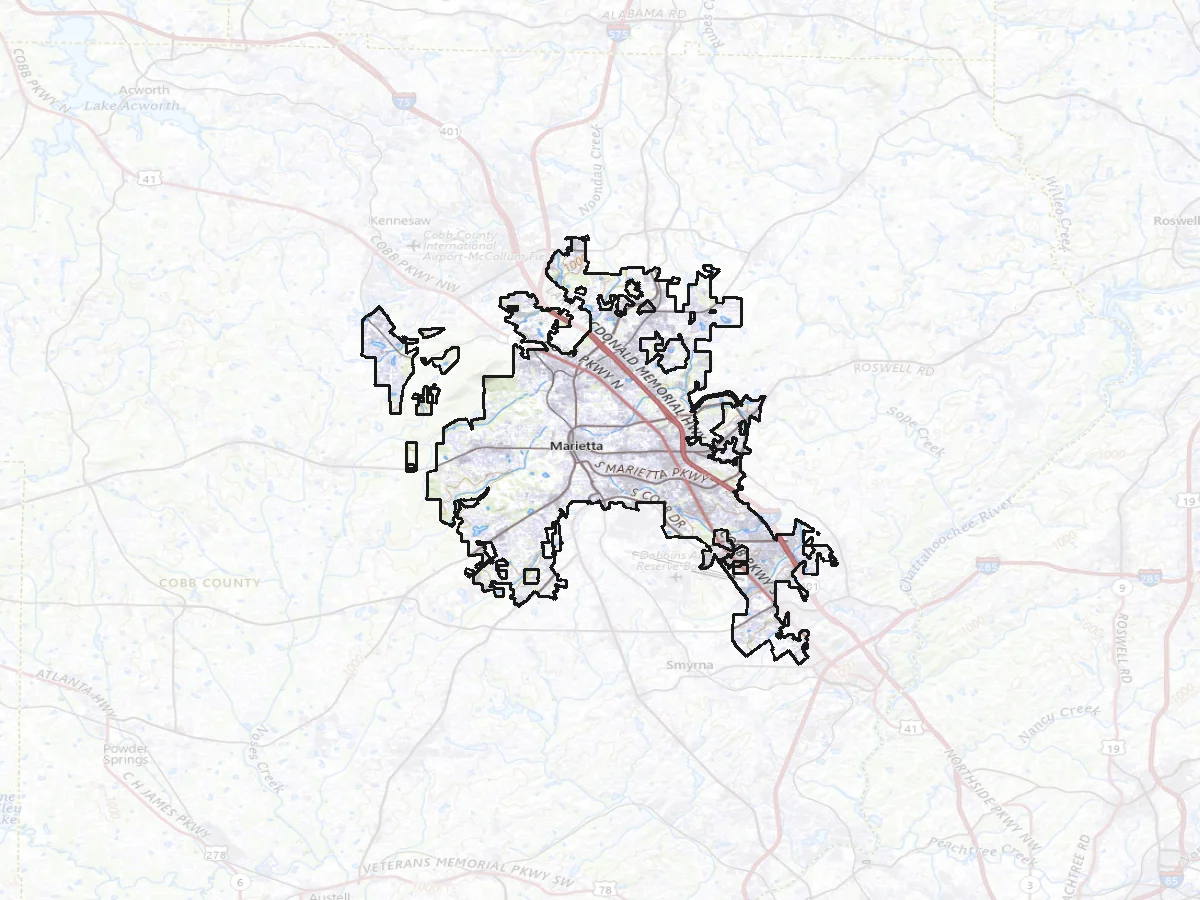 Topographic map of Marietta and the surrounding Cobb County, with the city limits outlined, Interstate 75 on the eastern side and Kennesaw Mountain to the north west.