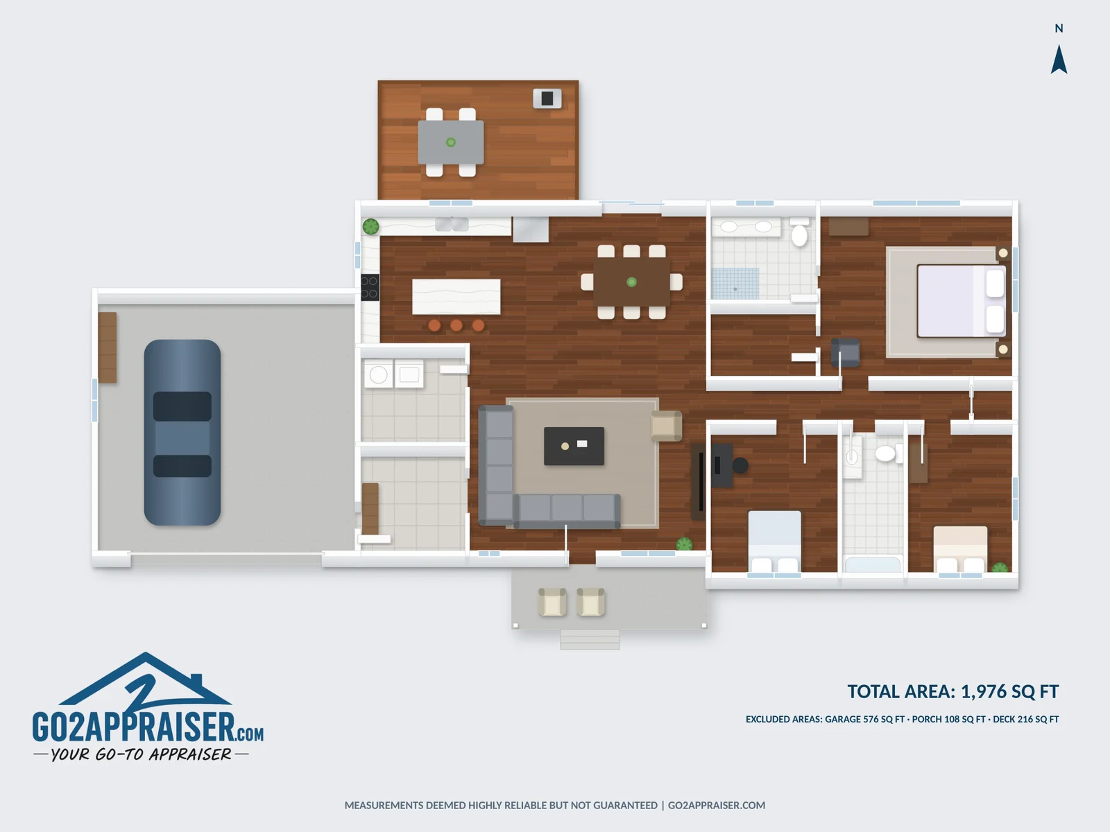 Rendered three-dimensional view of the same house, showing flooring, fixtures and furniture placed to show how the rooms connect.