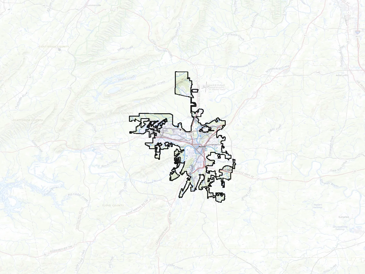 Topographic map of Rome and the surrounding Floyd County, with the city limits outlined and the Etowah and Oostanaula Rivers meeting inside the city to form the Coosa.