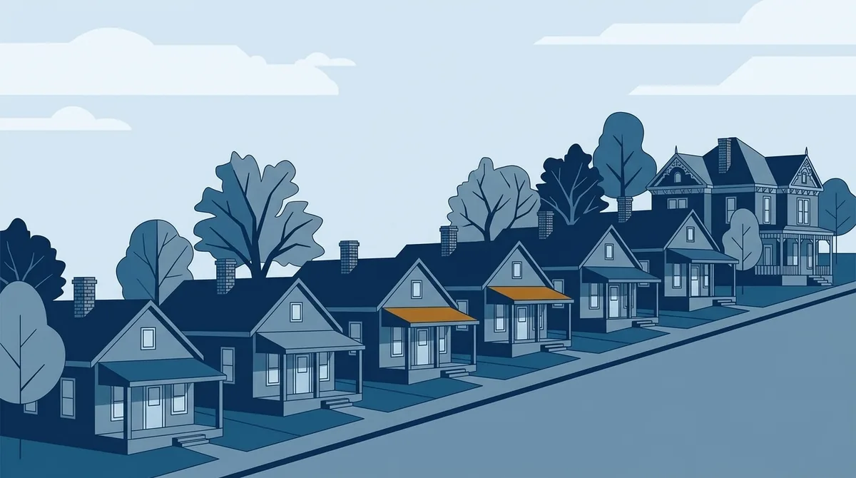 Illustration of a row of late nineteenth century mill village cottages with deep front porches on a sloping street, with a larger Victorian house with decorative trim at the end of the row.